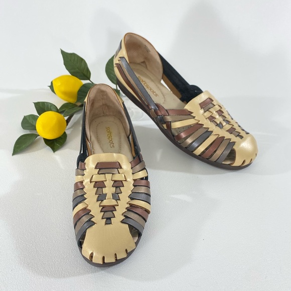 Huarache Sandals Gold Bronze Copper Pewter Metallic Leather Softspots 7.5 Flats - Picture 2 of 14